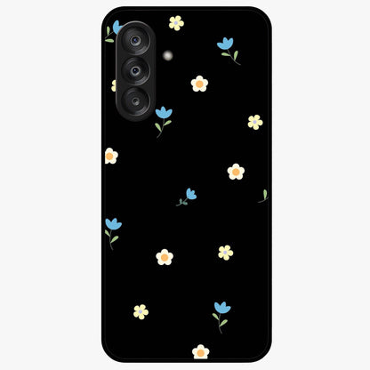 Minimalistic Blue With White Flower Pattern Glass Case showing flat back view with blue background and white flower pattern and glossy glass finish.