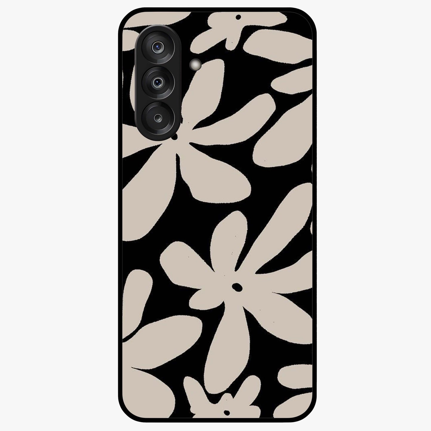 Monochrome Petal Dance Glass Case showing flat back view with monochrome floral artwork and glossy glass finish.