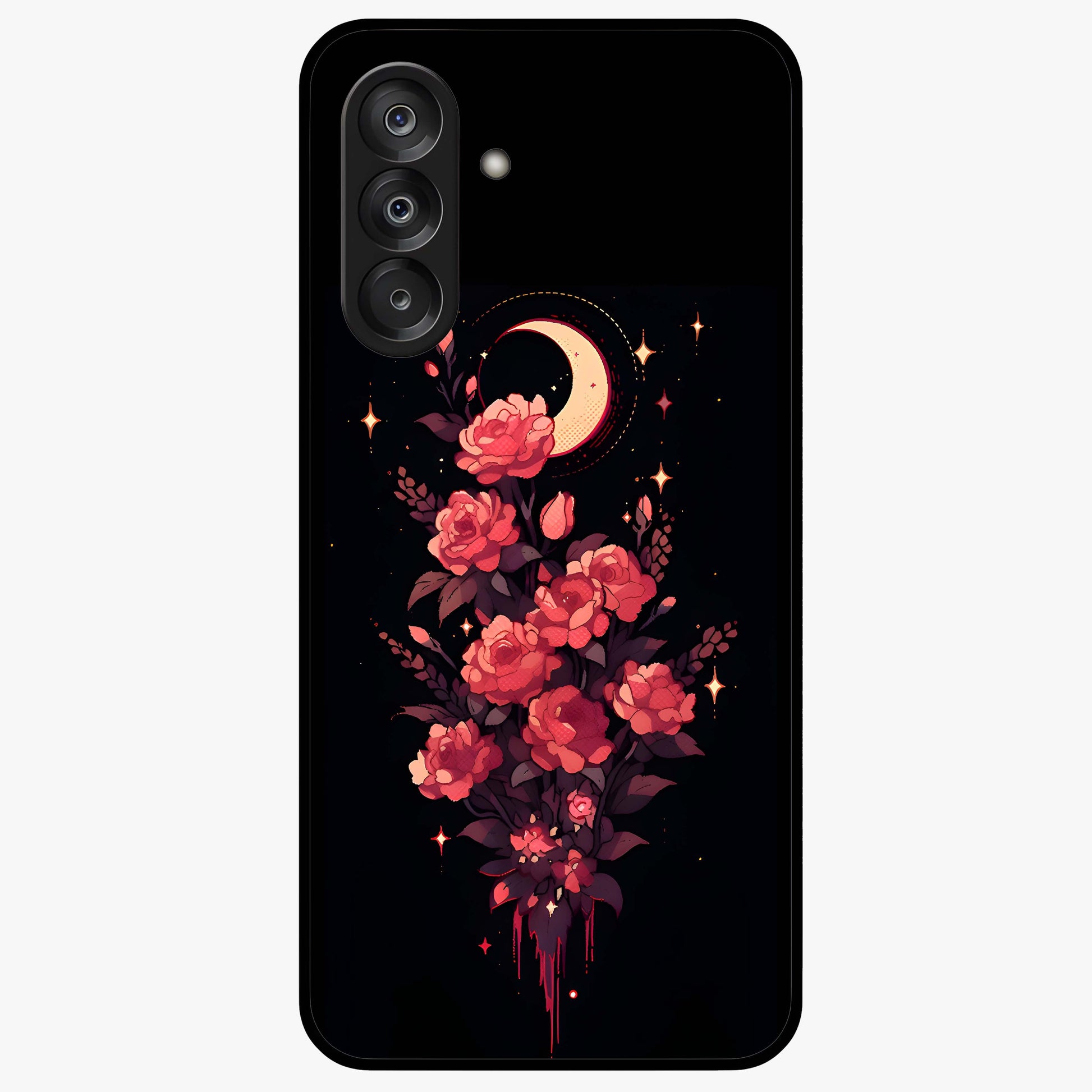 Moonlit Floral Elegance Glass Case showing flat back view with elegant floral artwork under moonlit tones and glossy glass finish.
