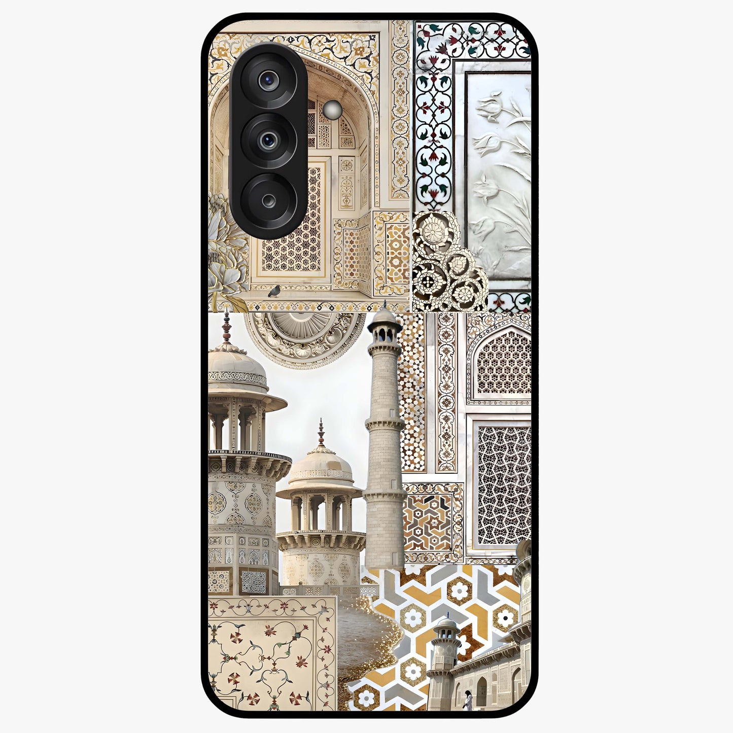 Mughal Marble Legacy Glass Case showing flat back view with intricate Mughal inspired marble pattern and glossy glass finish.