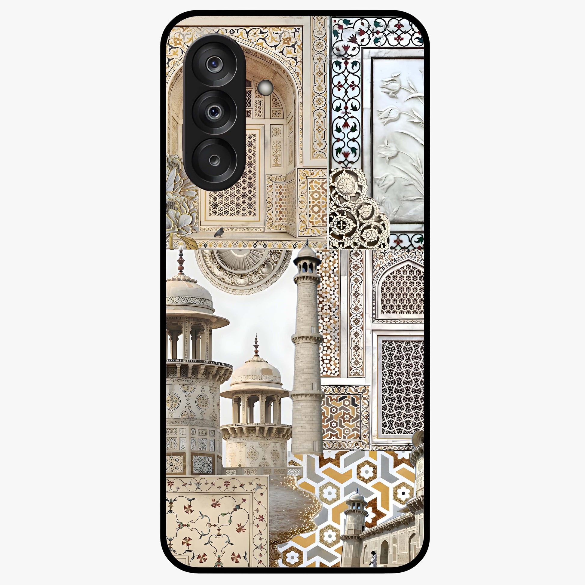 Mughal Marble Legacy Glass Case showing flat back view with intricate Mughal inspired marble pattern and glossy glass finish.