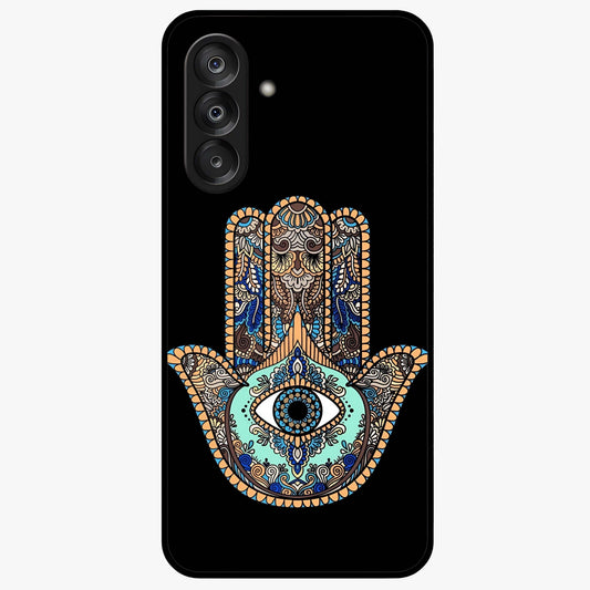 Mystic Hamsa Eye Glass Case showing flat back view with protective hamsa hand and evil eye artwork and glossy glass finish.