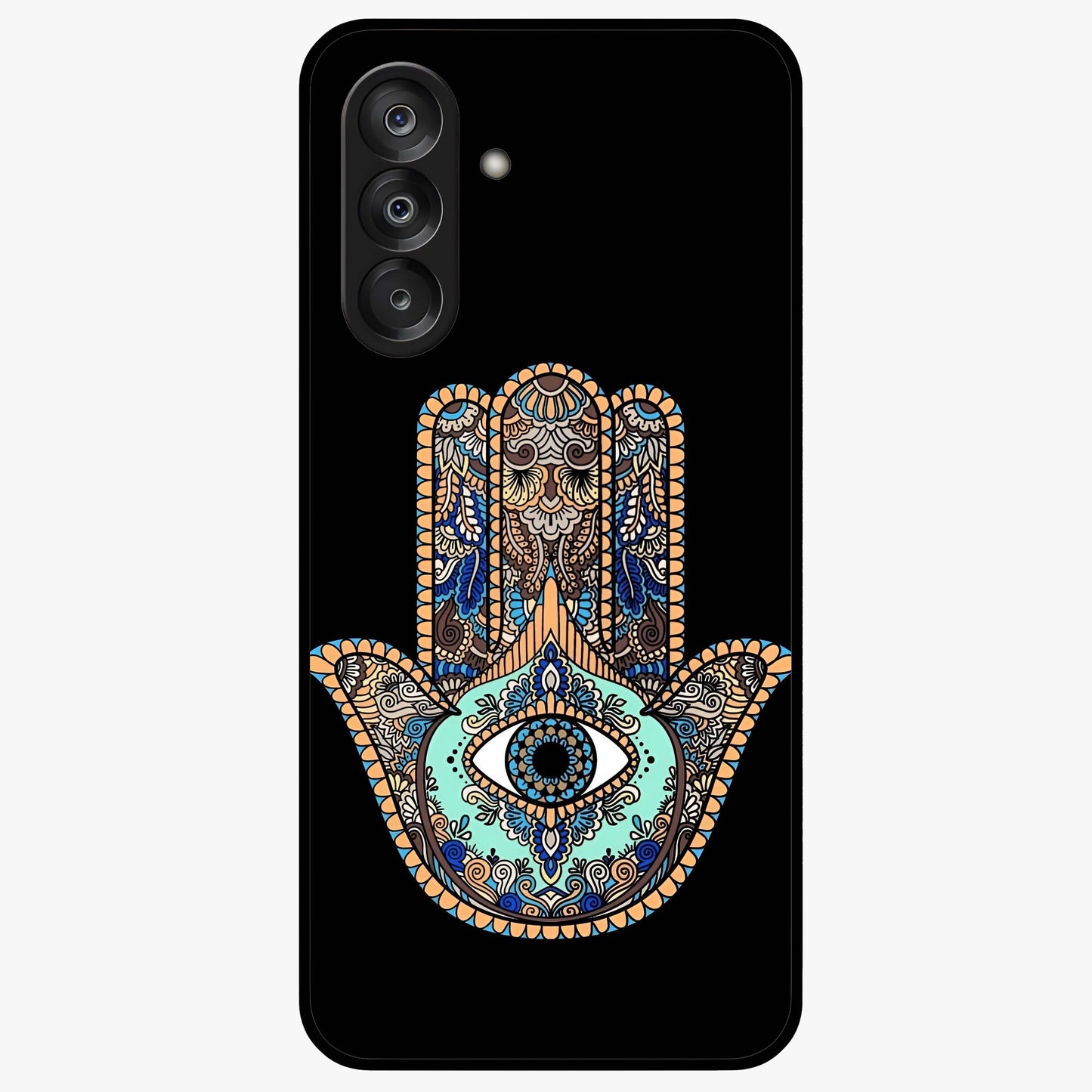 Mystic Hamsa Eye Glass Case showing flat back view with protective hamsa hand and evil eye artwork and glossy glass finish.