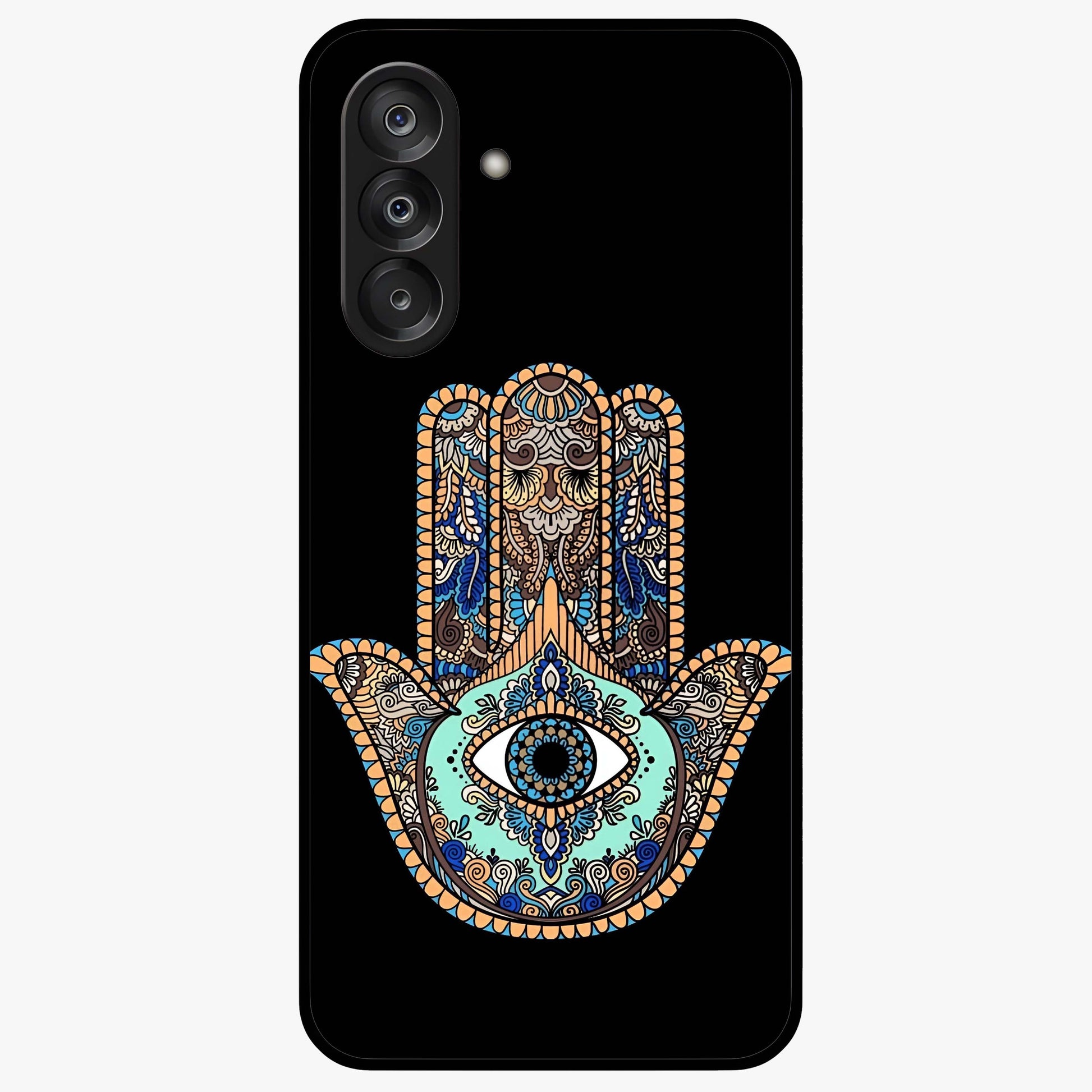 Mystic Hamsa Eye Glass Case showing flat back view with protective hamsa hand and evil eye artwork and glossy glass finish.