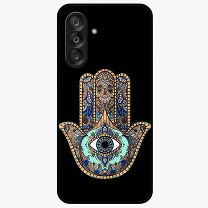 Mystic Hamsa Eye Glass Case showing flat back view with protective hamsa hand and evil eye artwork and glossy glass finish.