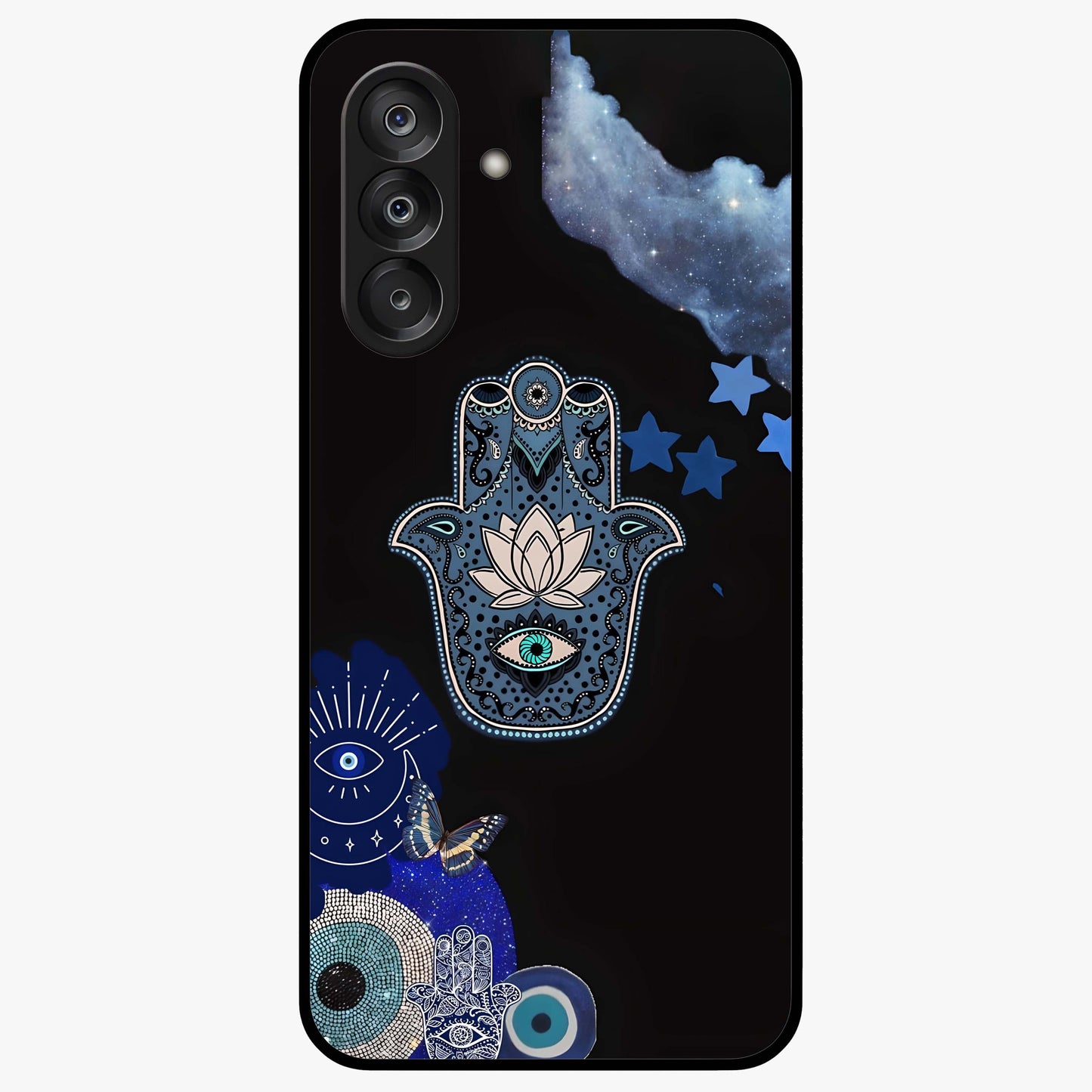 Mystic Hand Aura Glass Case showing flat back view with mystical hand symbol artwork and glossy glass finish.