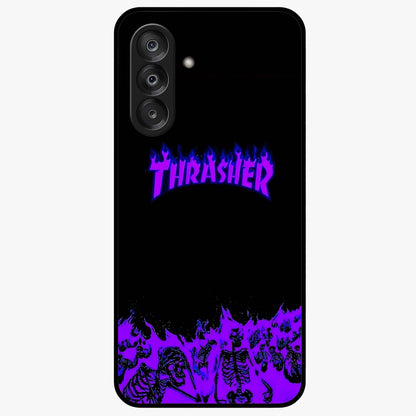 Neon Flame Riot Glass Case showing flat back view with neon flame artwork and glossy glass finish.