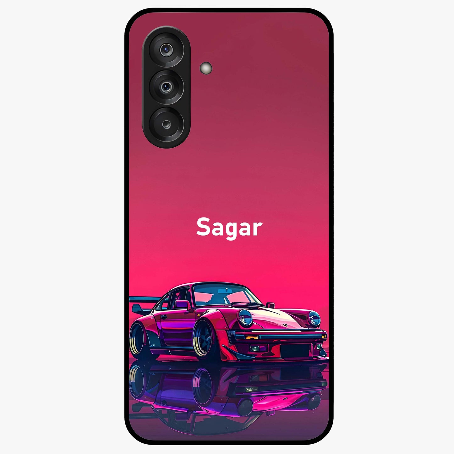 Neon Pink Porsche Glass Case showing flat back view with stylish sports car artwork and glossy glass finish.