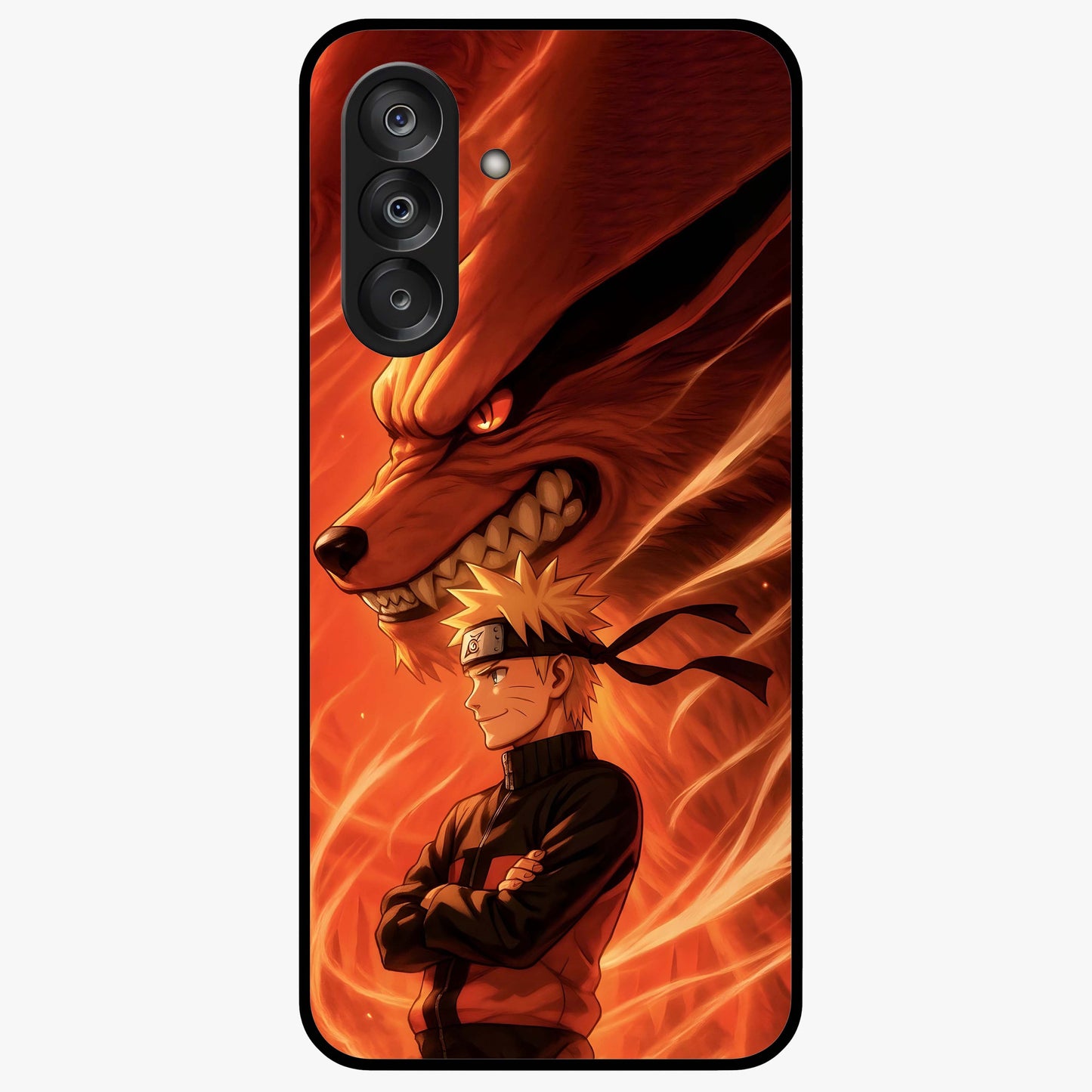 Nine Tails Legacy Glass Case showing flat back view with powerful nine-tailed fox inspired artwork and glossy glass finish.