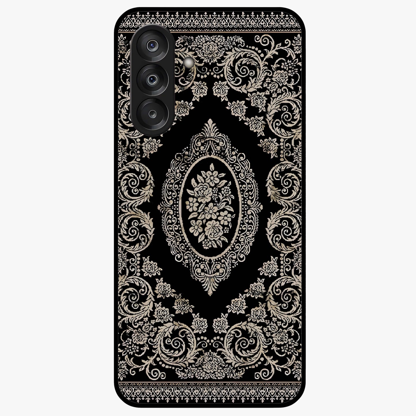 Noir Bloom Elegance Glass Case showing flat back view with elegant dark floral artwork and glossy glass finish.