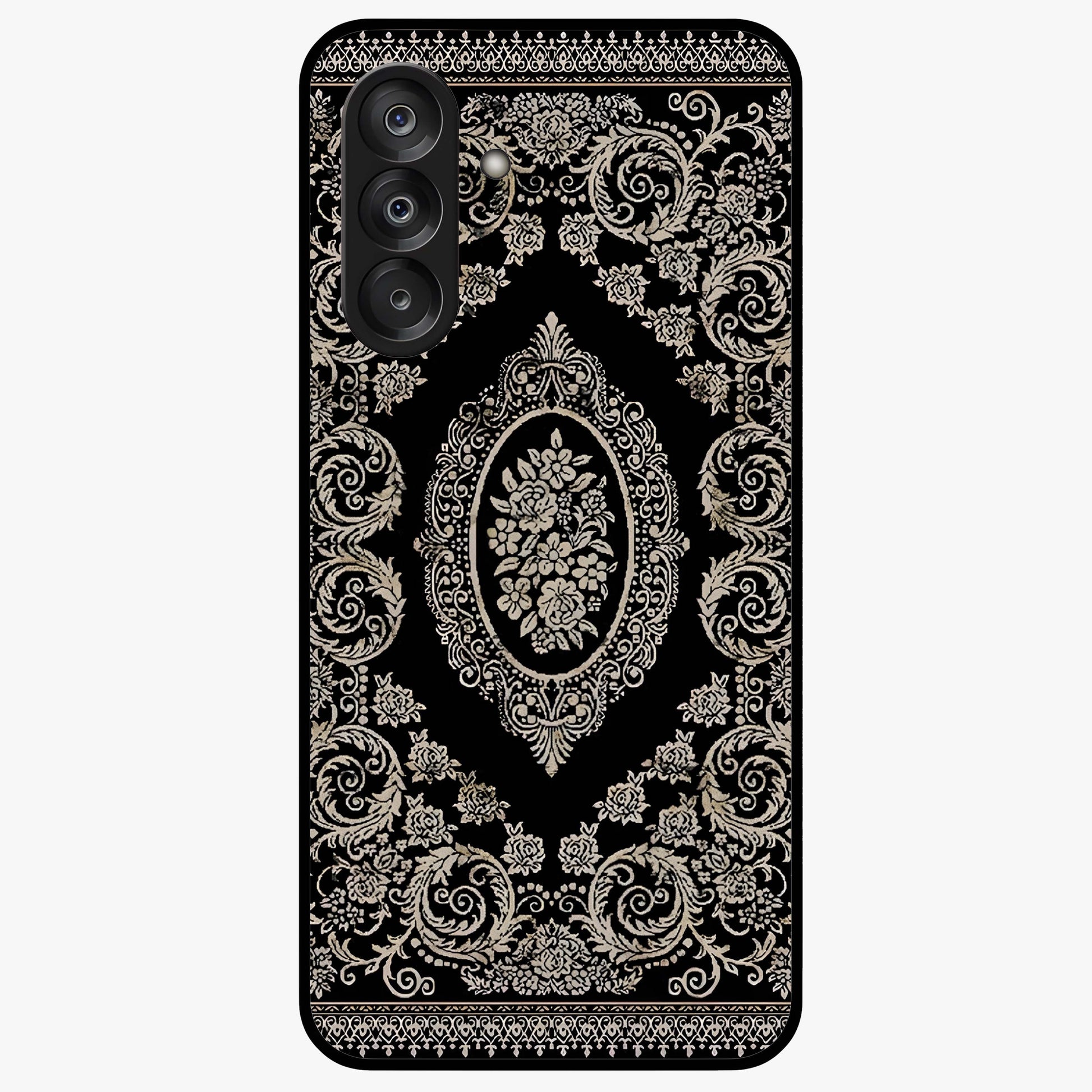 Noir Bloom Elegance Glass Case showing flat back view with elegant dark floral artwork and glossy glass finish.
