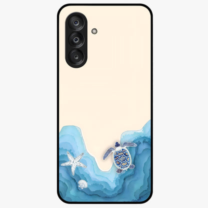 Ocean Drift Turtle Glass Case showing flat back view with sea turtle artwork and glossy glass finish.