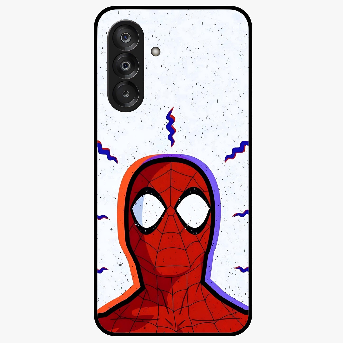 Omg Spiderman Glass Case showing flat back view with bold superhero inspired artwork and glossy glass finish.