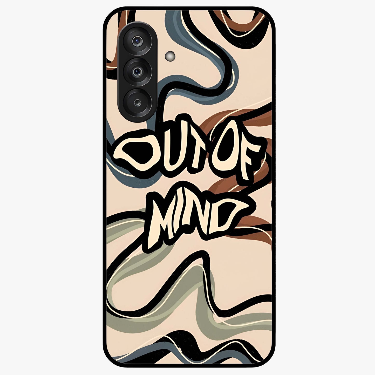 Out Of Mind Glass Case showing flat back view with expressive typography artwork and glossy glass finish.