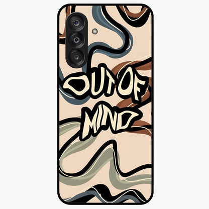 Out Of Mind Glass Case showing flat back view with expressive typography artwork and glossy glass finish.