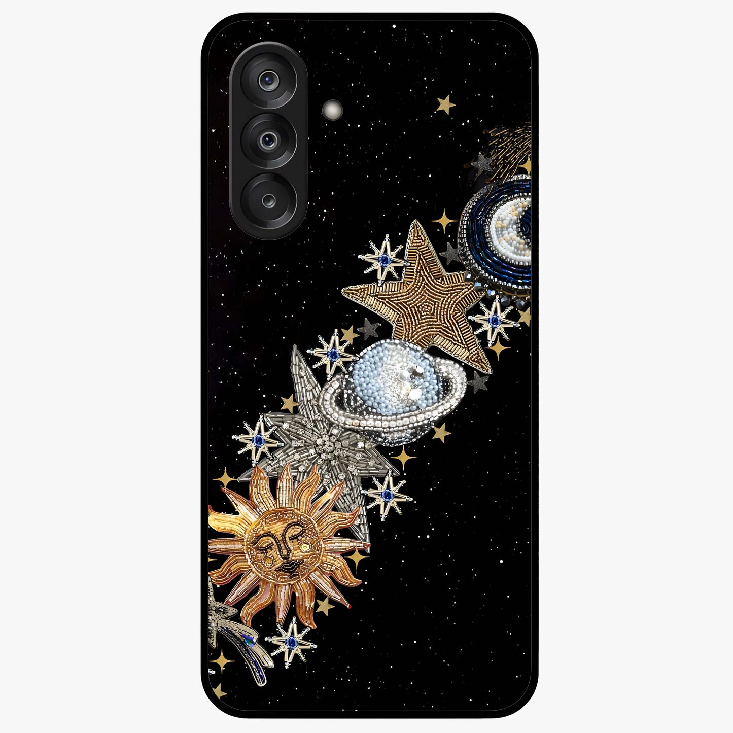 Pearls Universe Object Glass Case showing flat back view with pearl inspired cosmic artwork and glossy glass finish.