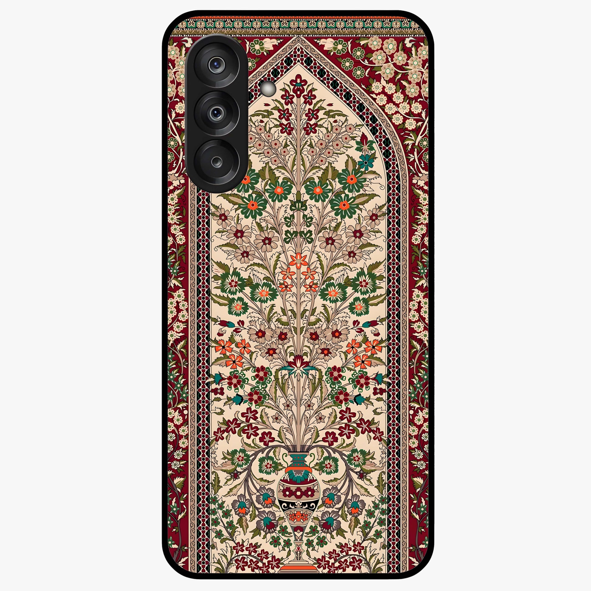 Persian Inspired Glass Case showing flat back view with ornate Persian style pattern artwork and glossy glass finish.