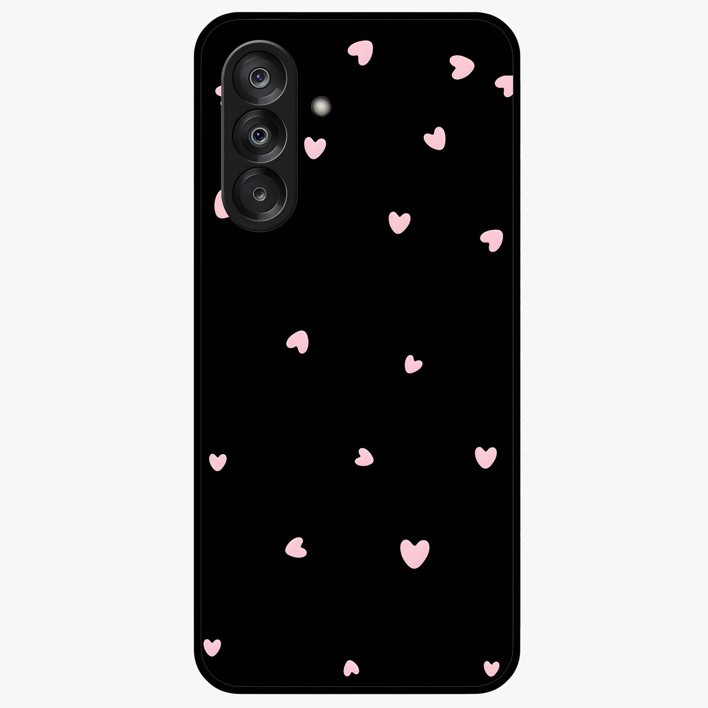Pink Love Drops Glass Case showing flat back view with playful pink heart drops artwork and glossy glass finish.