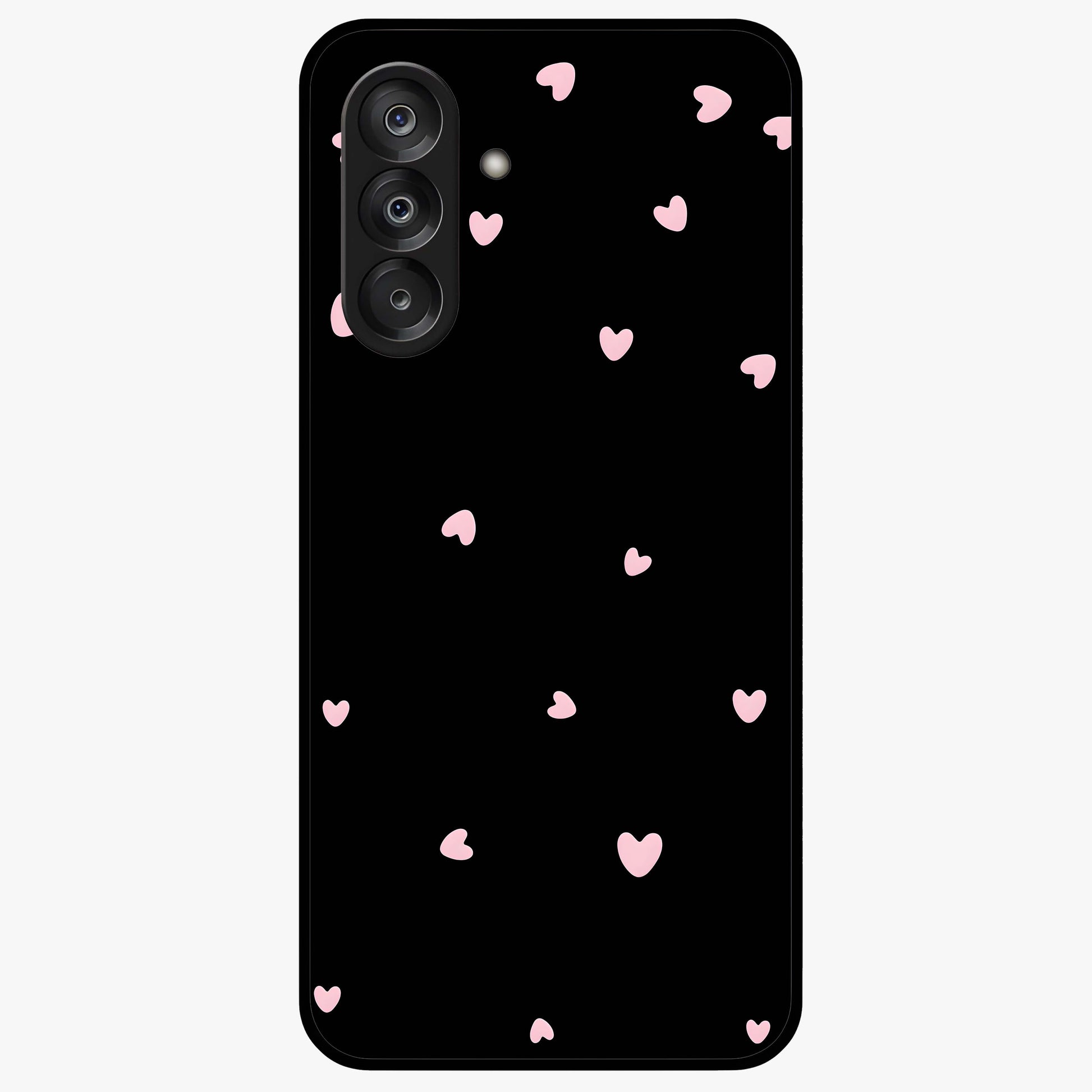 Pink Love Drops Glass Case showing flat back view with playful pink heart drops artwork and glossy glass finish.