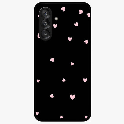 Pink Love Drops Glass Case showing flat back view with playful pink heart drops artwork and glossy glass finish.