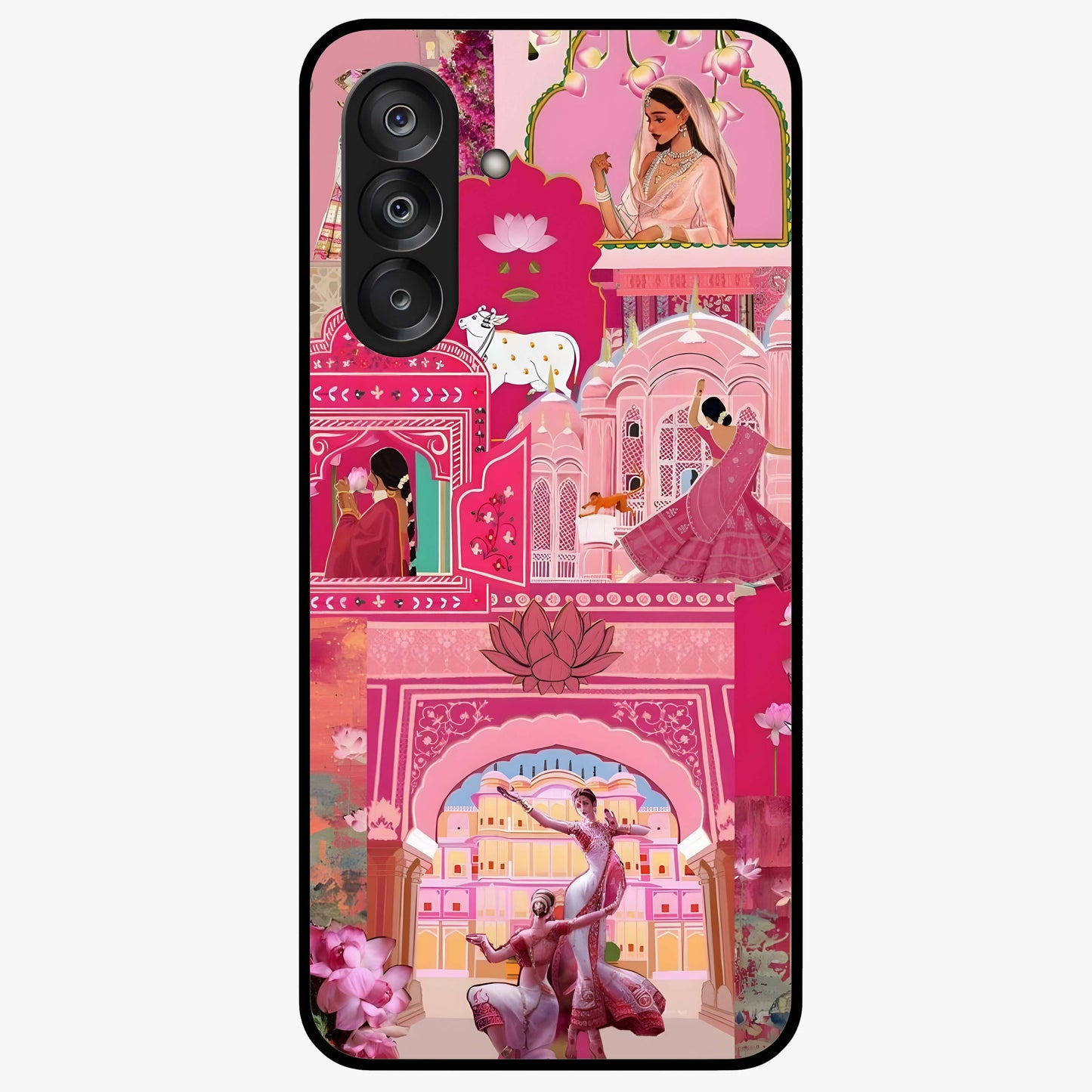 Pink Palace Muse Glass Case showing flat back view with elegant palace inspired artwork and glossy glass finish.
