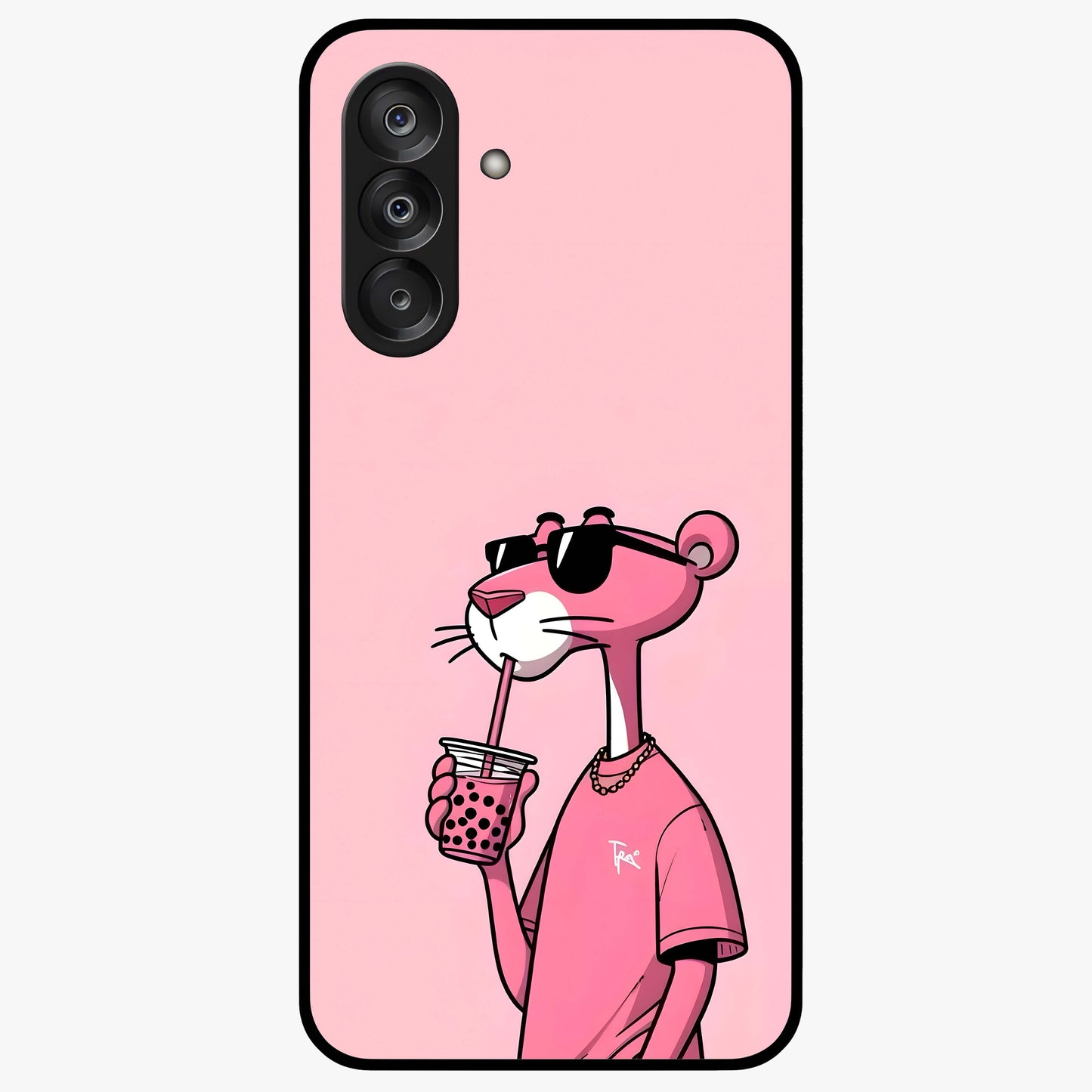 Pink Panther Glass Case showing flat back view with iconic pink panther artwork and glossy glass finish.