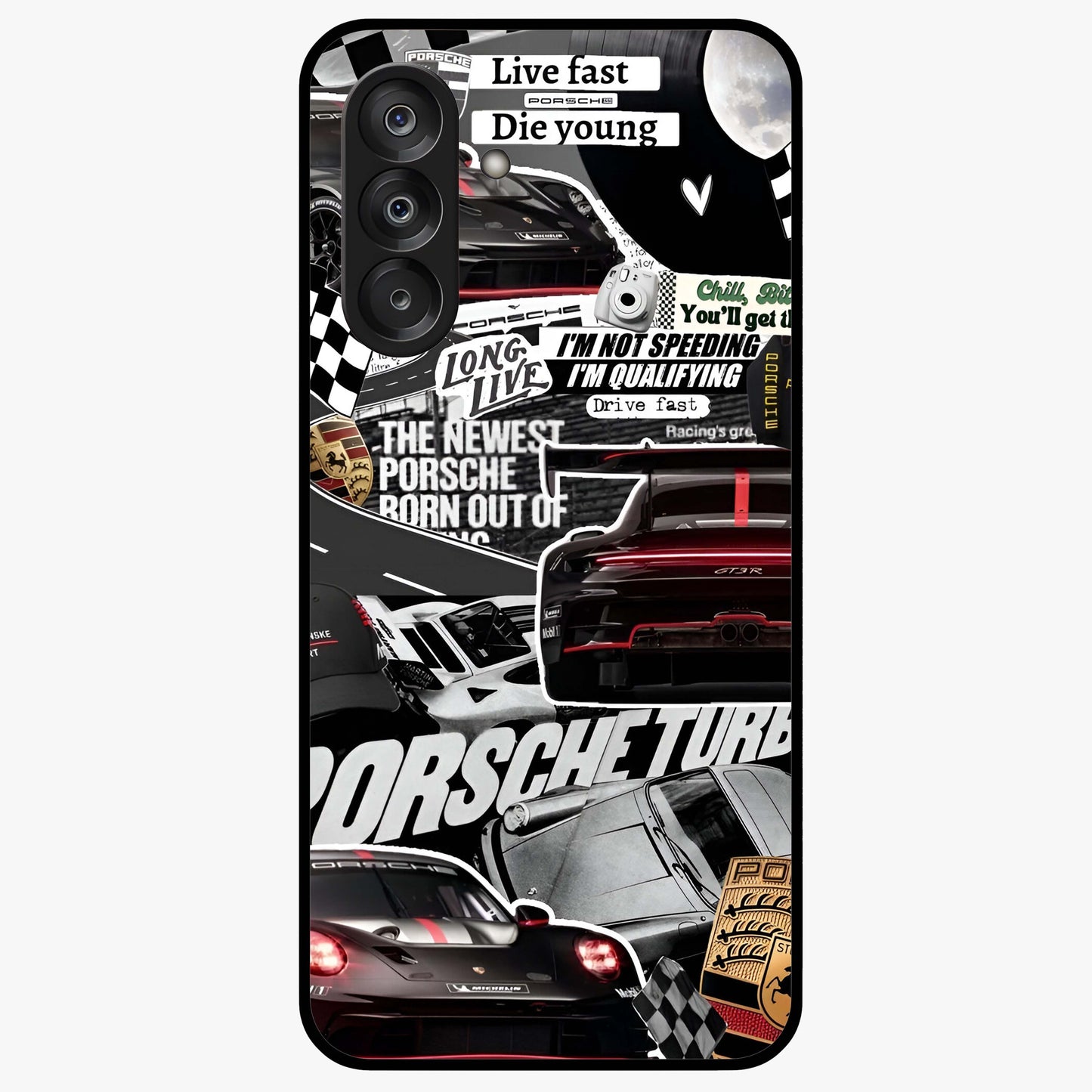 Porsche Racing Collage Glass Case showing flat back view with sports car racing collage artwork and glossy glass finish.