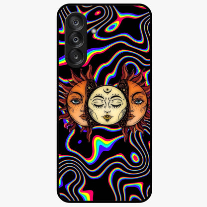 Psychedelic Sun Glass Case showing flat back view with colorful psychedelic sun artwork and glossy glass finish.