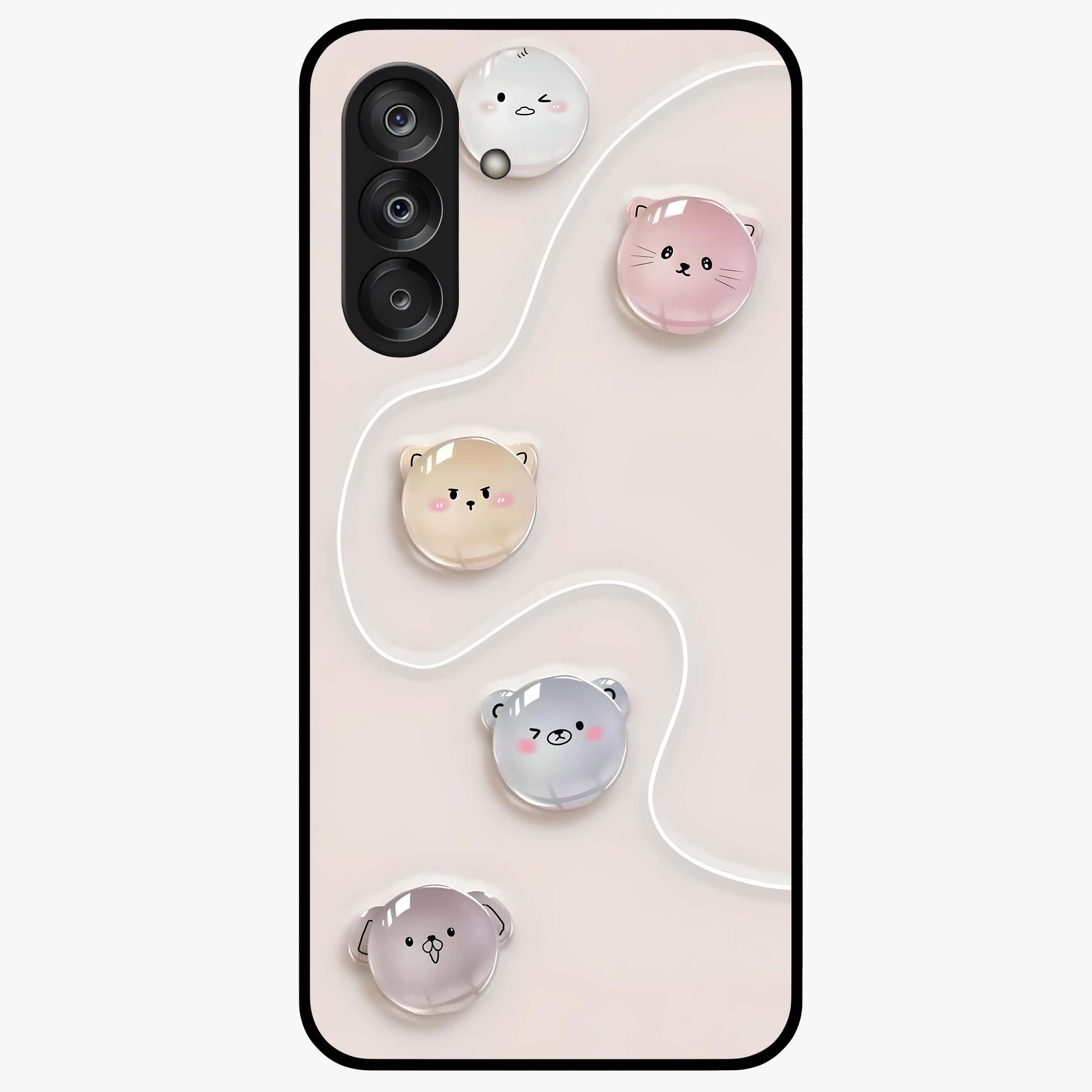 Puffy Face Parade Glass Case showing flat back view with cute puffy character faces artwork and glossy glass finish.