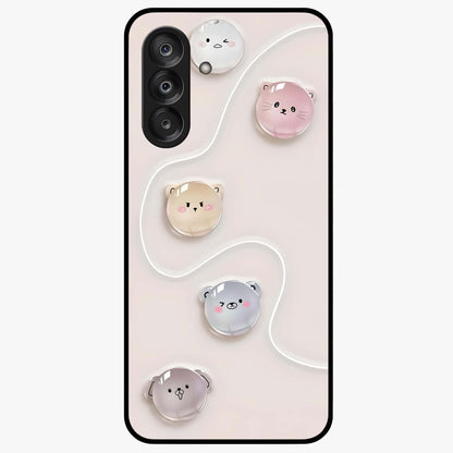 Puffy Face Parade Glass Case showing flat back view with cute puffy character faces artwork and glossy glass finish.