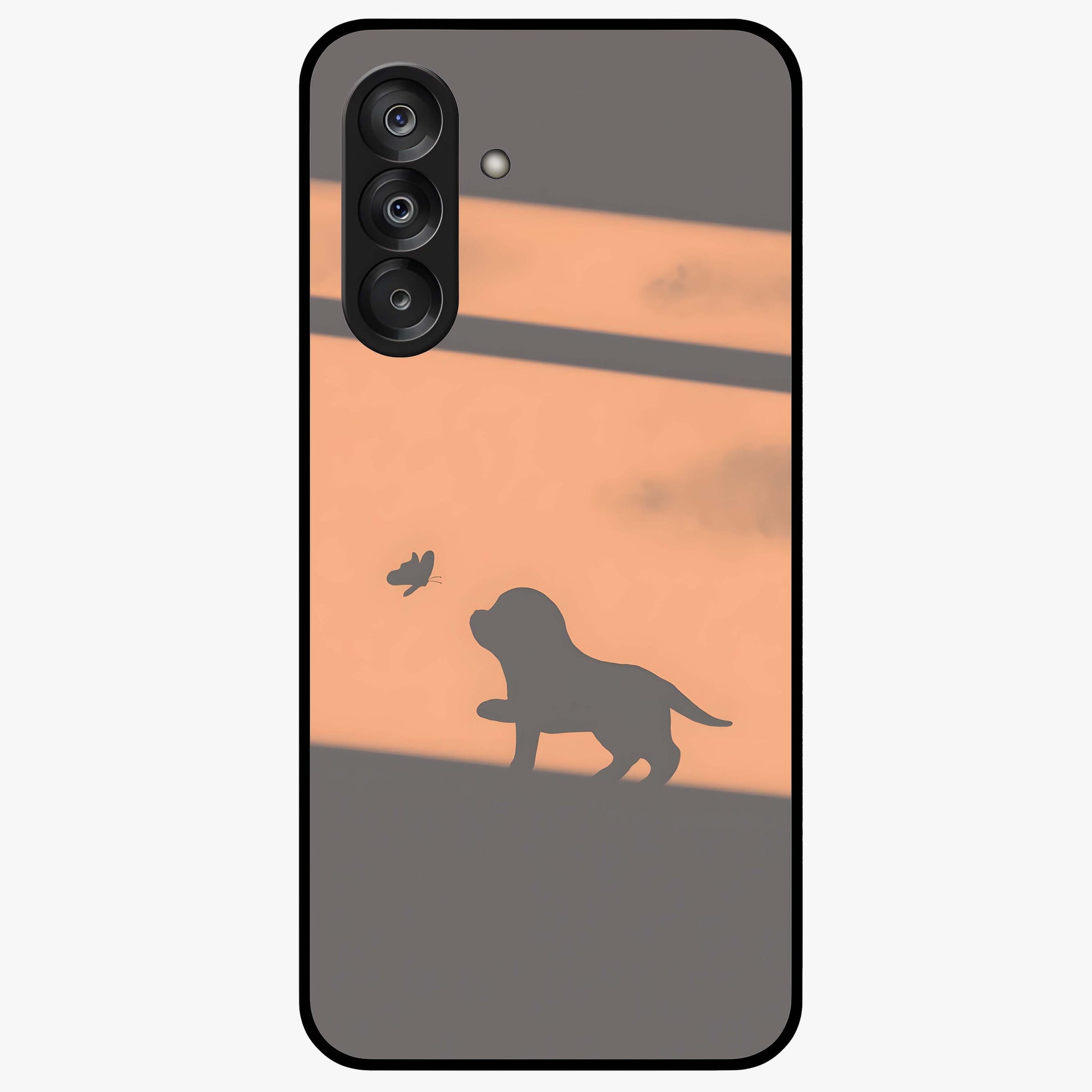 Puppy Shadow Art Glass Case showing flat back view with cute puppy shadow style artwork and glossy glass finish.