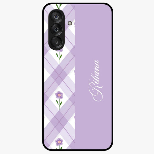 Purple Diamond Floral Glass Case showing flat back view with diamond shaped floral artwork and glossy glass finish.