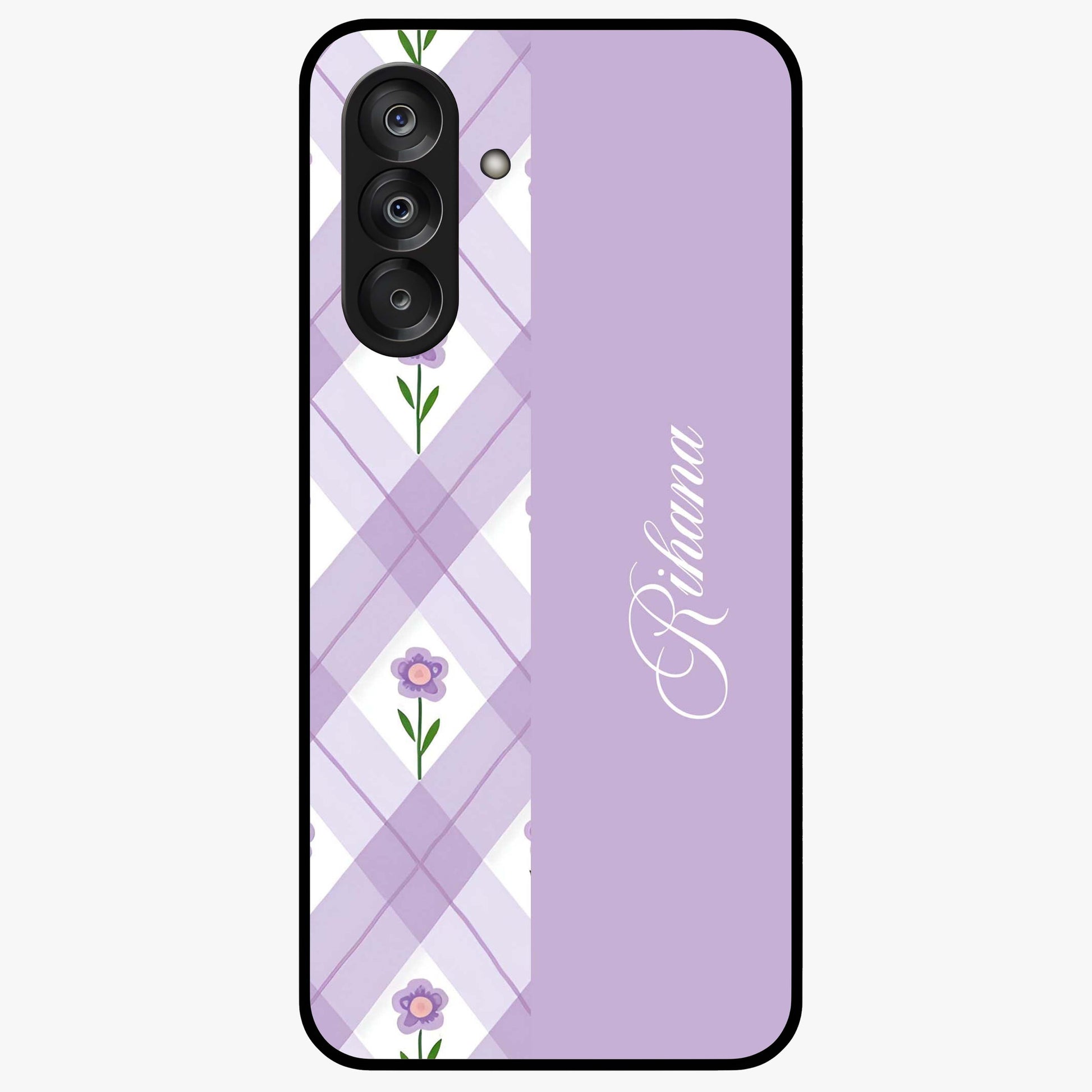 Purple Diamond Floral Glass Case showing flat back view with diamond shaped floral artwork and glossy glass finish.