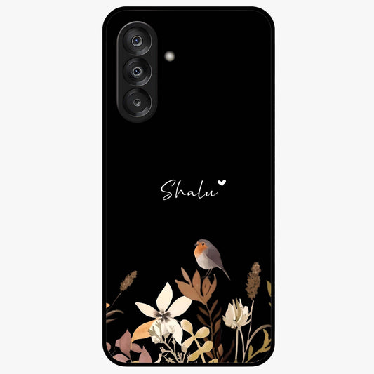 Quiet Garden Tune Custom Name Glass Case showing flat back view with peaceful garden artwork and personalized name design.
