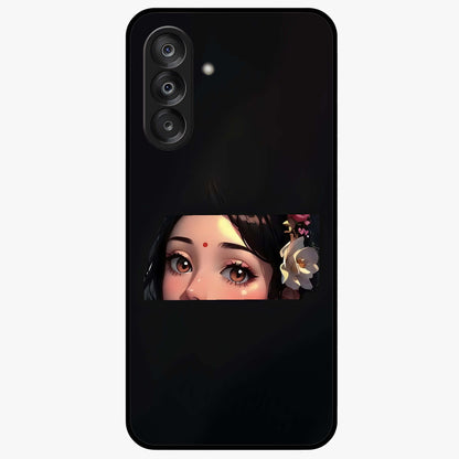 Radha Divine Embrace Glass Case showing flat back view with devotional Radha artwork and glossy glass finish.