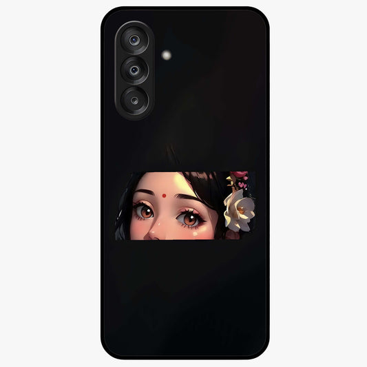 Radha Divine Embrace Glass Case showing flat back view with devotional Radha artwork and glossy glass finish.