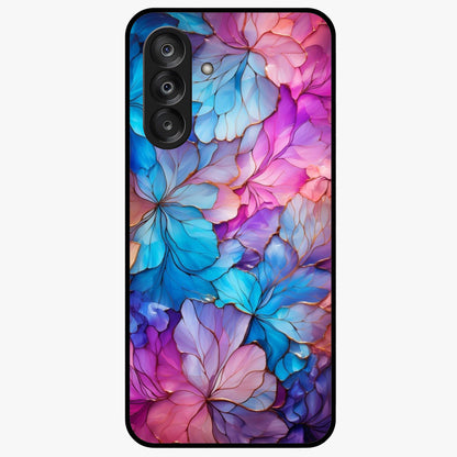 Radiant Floral Whirl Glass Case showing flat back view with swirling floral artwork and glossy glass finish.