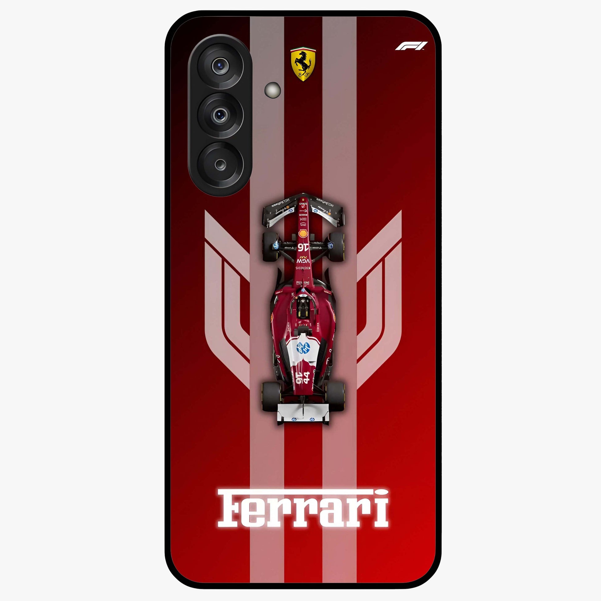 Red Ferrari F1 Vertical Glass Case showing flat back view with sleek Formula racing car artwork and glossy glass finish.