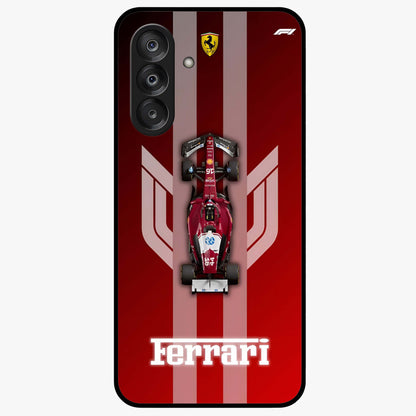 Red Ferrari F1 Vertical Glass Case showing flat back view with sleek Formula racing car artwork and glossy glass finish.