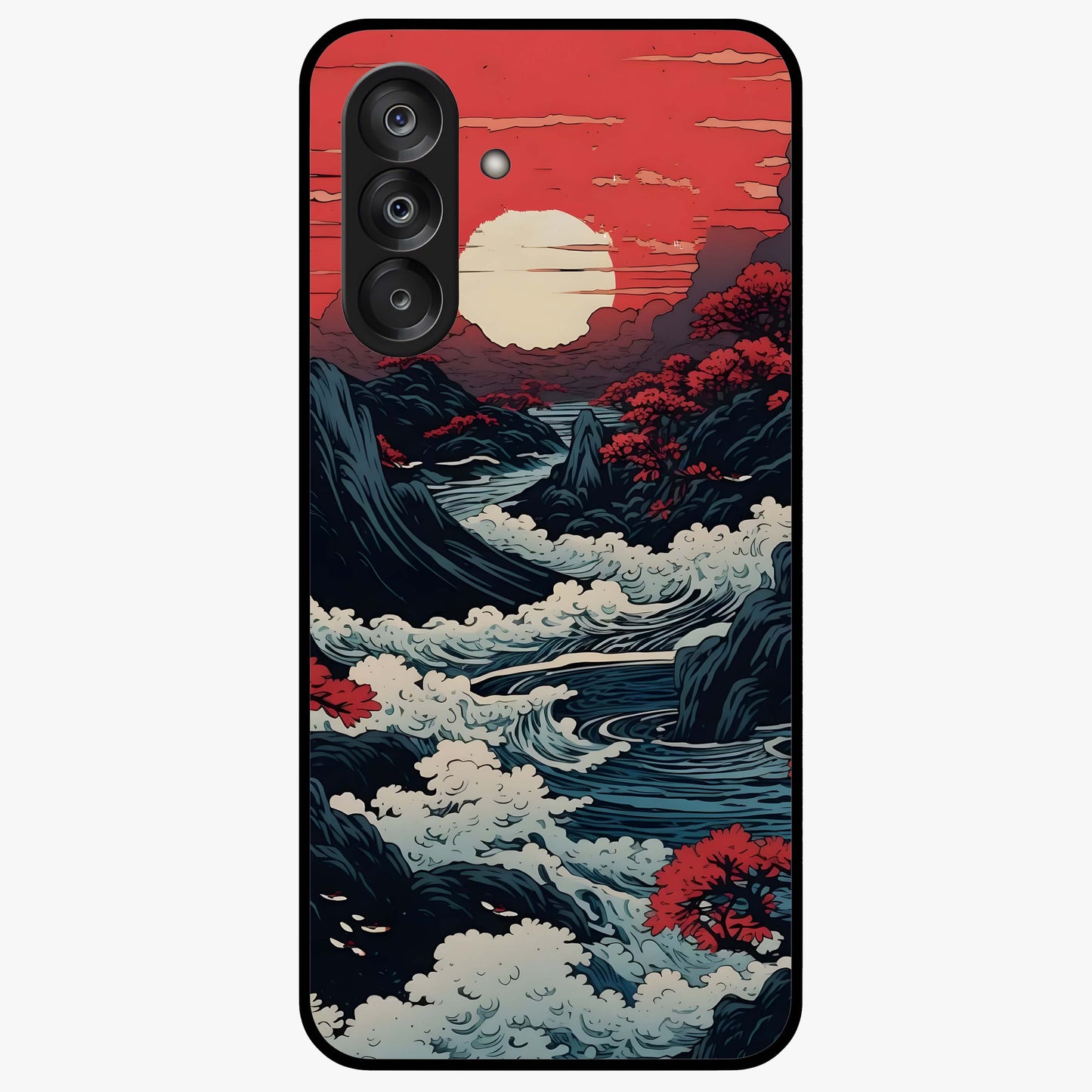 Red Sunset Scenery Glass Case showing flat back view with vibrant sunset landscape artwork and glossy glass finish.