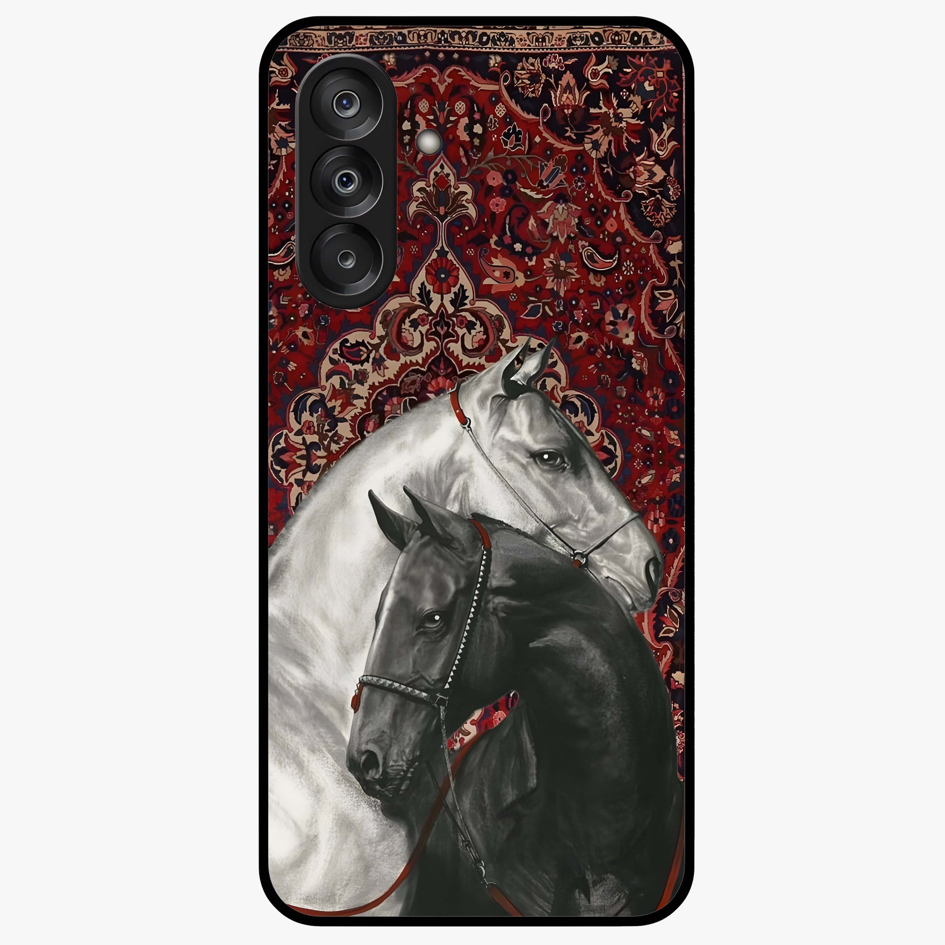 Regal Stallion Tapestry Glass Case showing flat back view with majestic horse tapestry artwork and glossy glass finish.