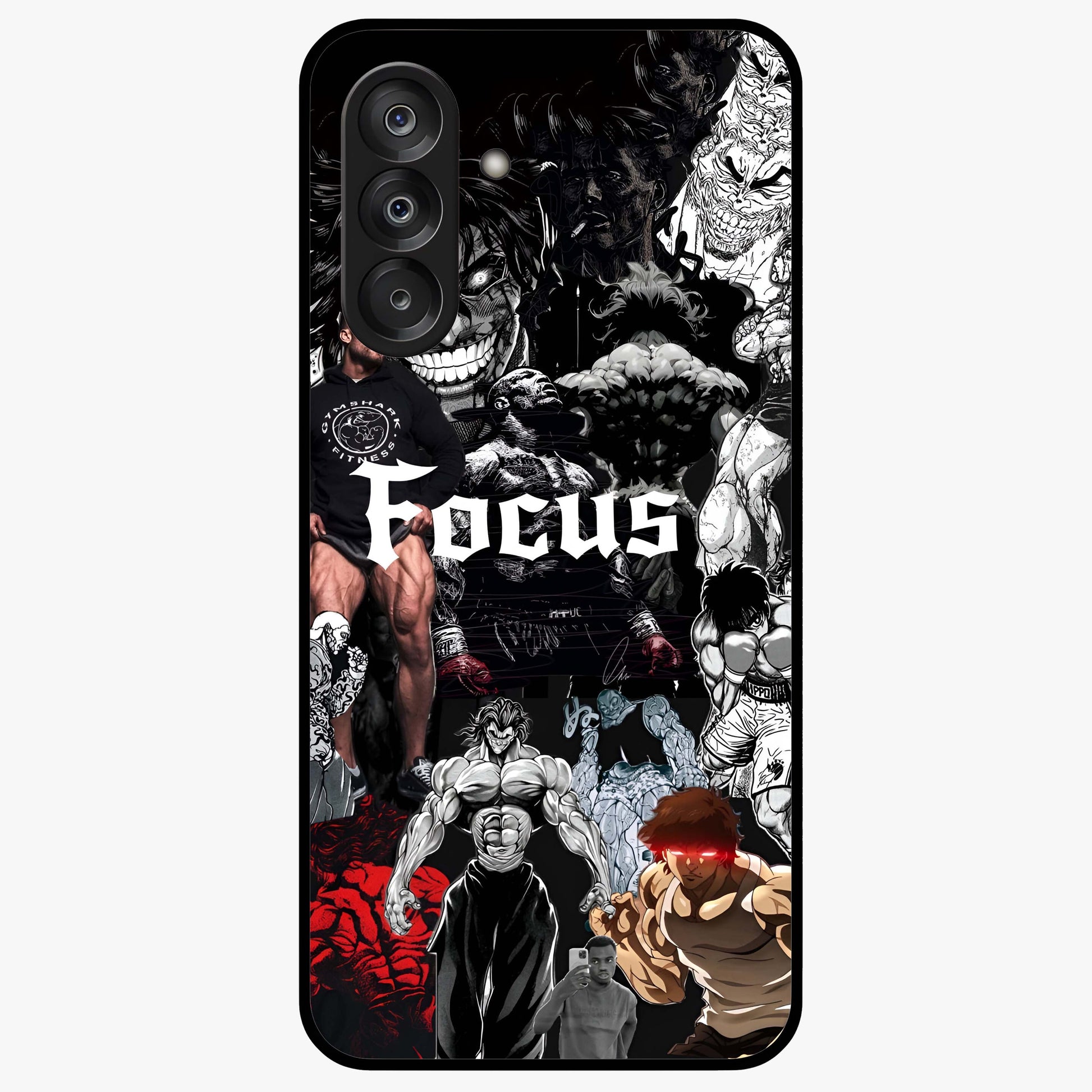 Relentless Power Focus Glass Case showing flat back view with motivational typography artwork and glossy glass finish.