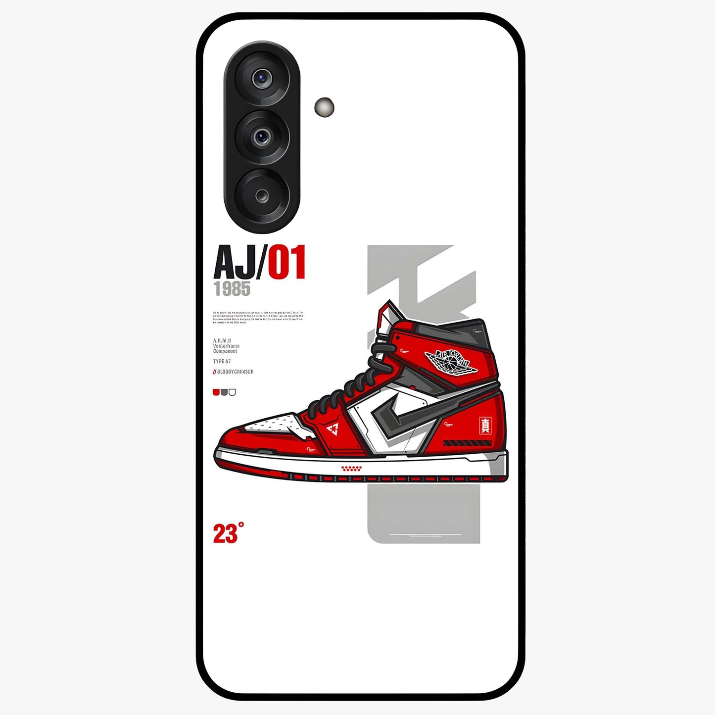 Retro Sneaker Blueprint Glass Case showing flat back view with sneaker blueprint style artwork and glossy glass finish.