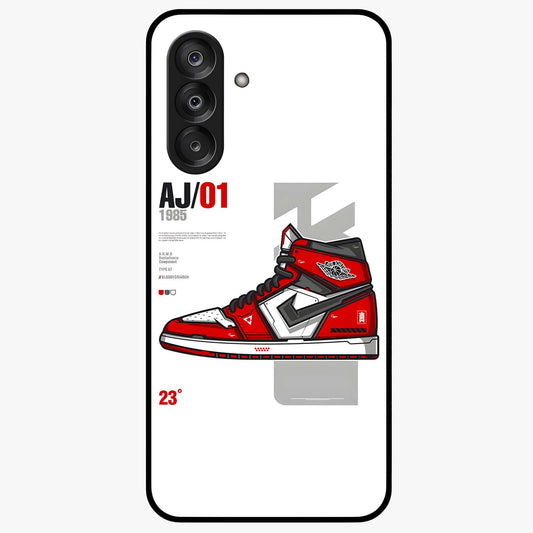 Retro Sneaker Blueprint Glass Case showing flat back view with sneaker blueprint style artwork and glossy glass finish.