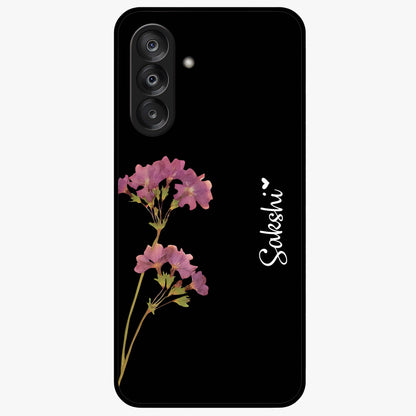 Riching Lavender Flower Custom Name Glass Case showing flat back view with lavender floral artwork and personalized name design.