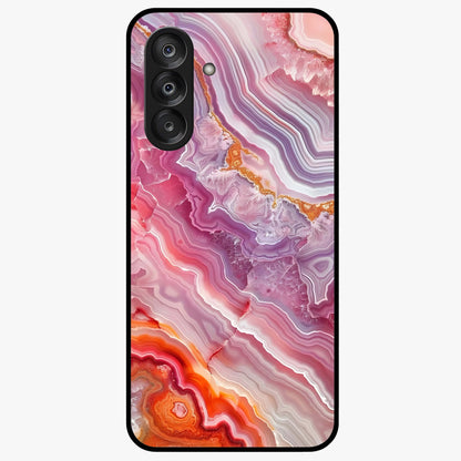 Rose Quartz Marble Glass Case showing flat back view with pink marble quartz texture artwork and glossy glass finish.