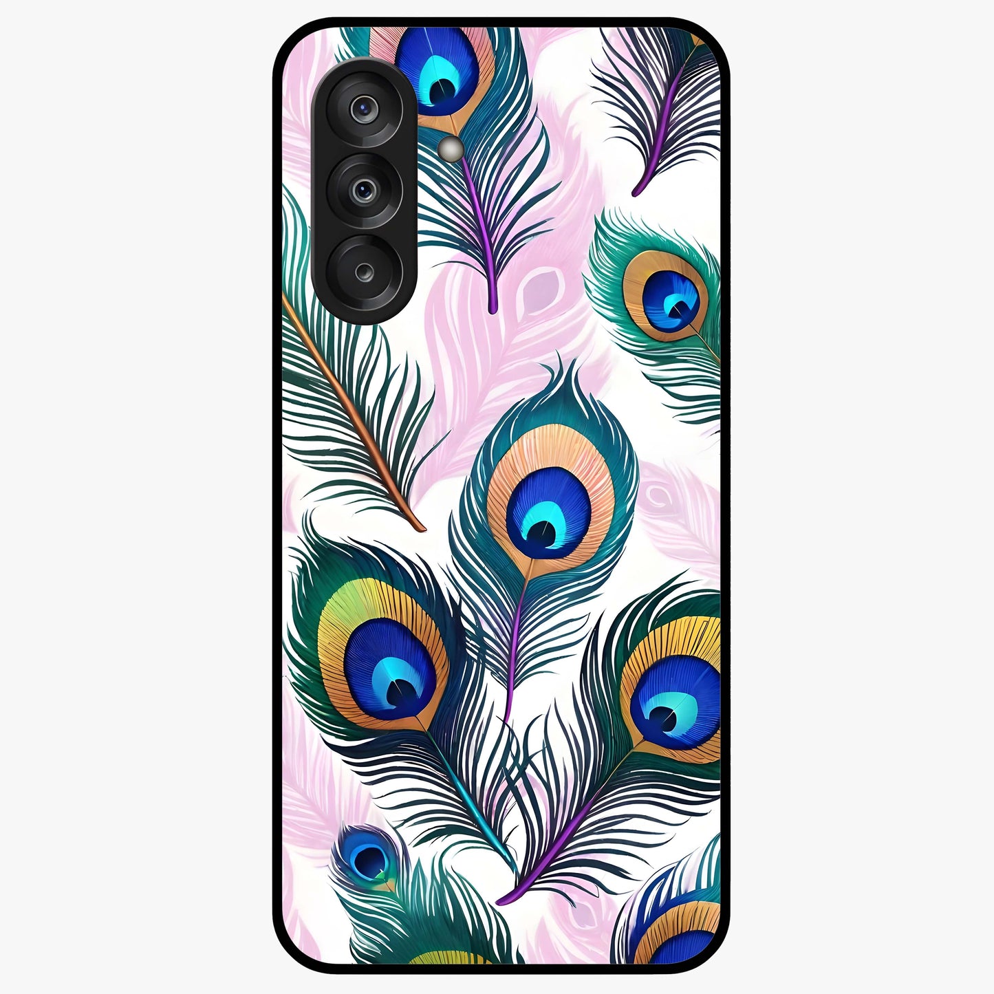Royal Peacock Feathers Glass Case showing flat back view with colorful peacock feather artwork and glossy glass finish.