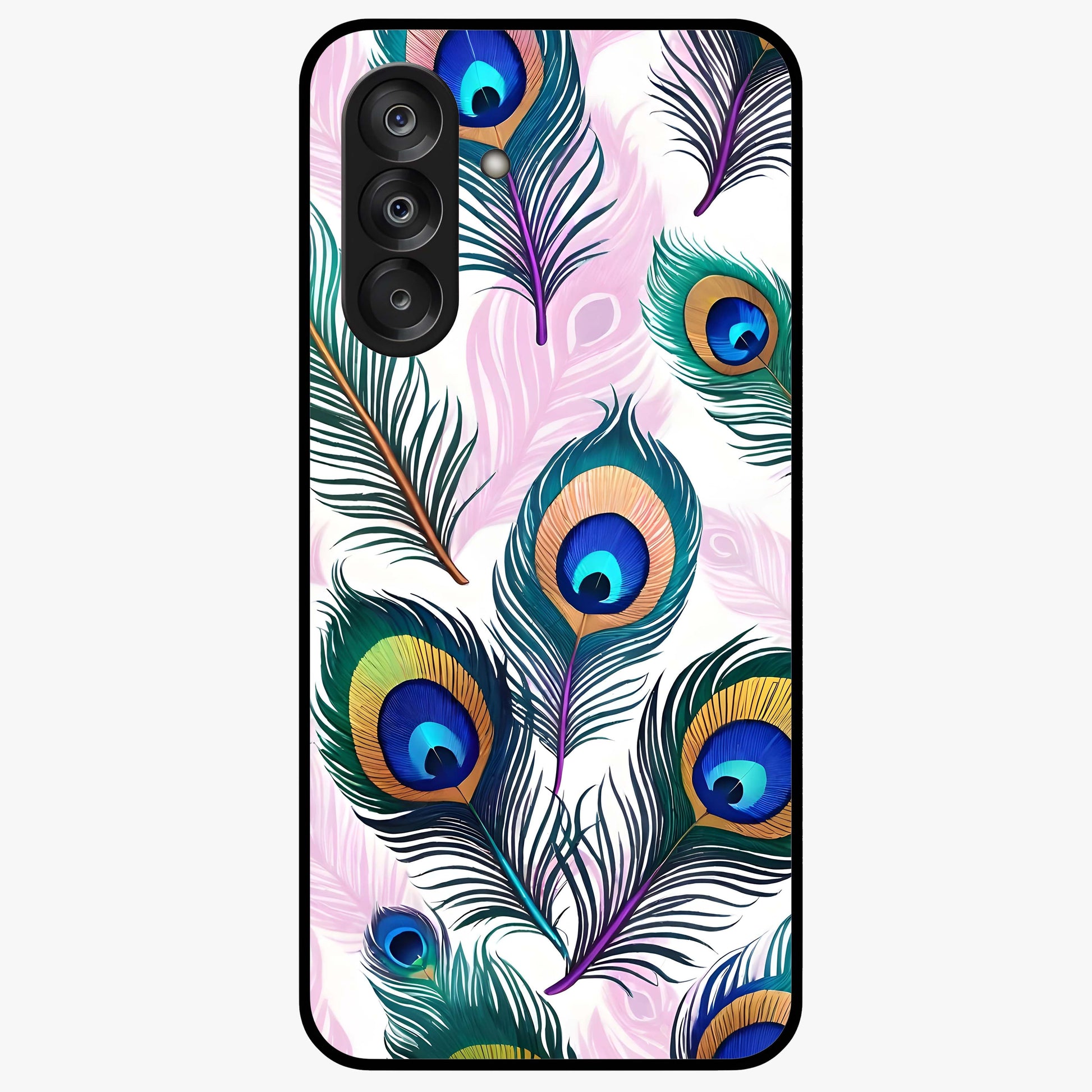 Royal Peacock Feathers Glass Case showing flat back view with colorful peacock feather artwork and glossy glass finish.