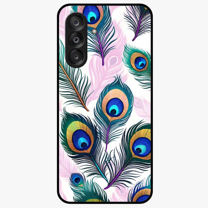 Royal Peacock Feathers Glass Case showing flat back view with colorful peacock feather artwork and glossy glass finish.