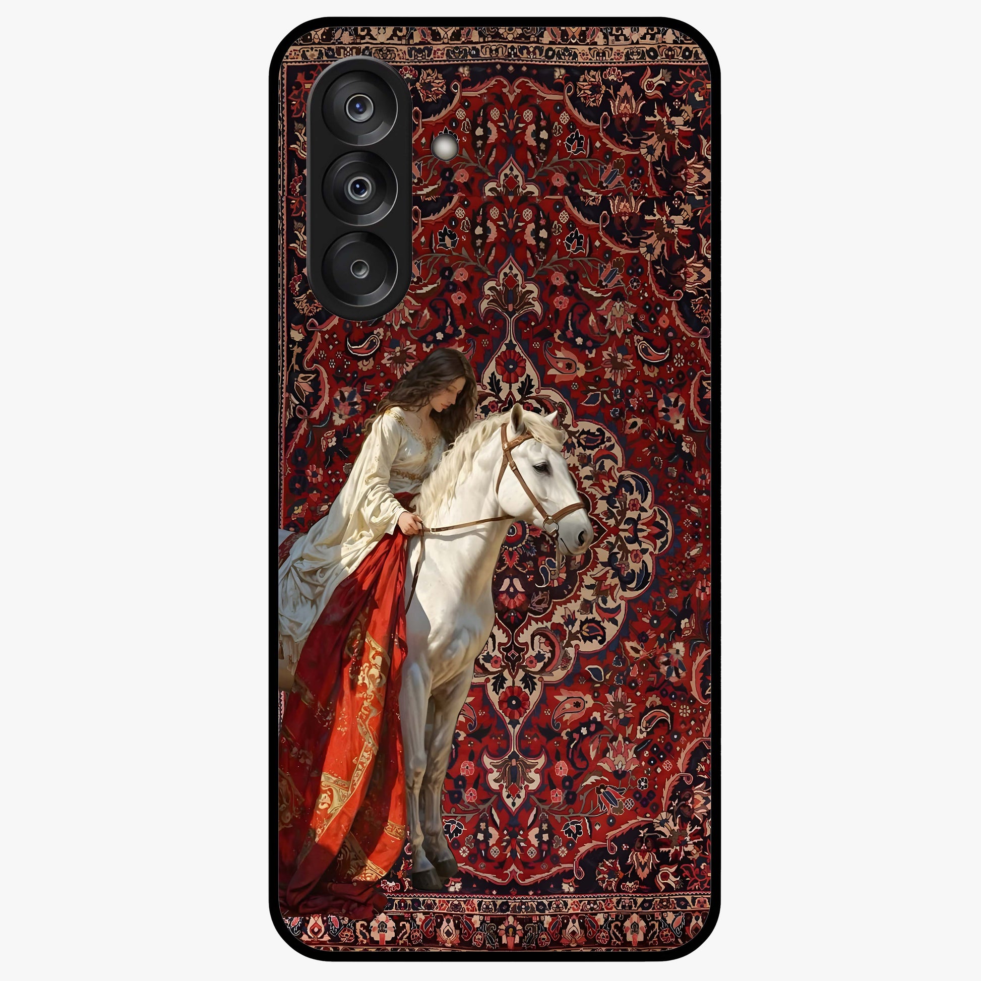Royal Rider Tapestry Glass Case showing flat back view with majestic horse rider tapestry artwork and glossy glass finish.